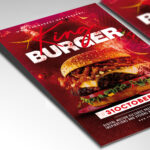 A customizable flyer template designed for burger joints, showcasing bold, appealing typography and a classic color palette of reds and yellows that evokes a sense of authentic style and tradition.
