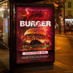 An inviting and attention-grabbing announcement template, ready for personalization for a "King Burger" business, promising an unforgettable dining experience and a fresh new look.