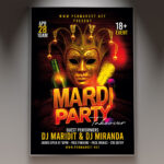 A Mardi Gras Party flyer template featuring a colorful mask with feathers and beads, set against a lively party background with subtle light effects, conveying a professional and festive atmosphere.
