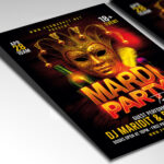 A customizable flyer template designed for festive events, showcasing bold, ornate typography and a dynamic color palette of purples, golds, and greens that evokes a sense of vibrant fun.