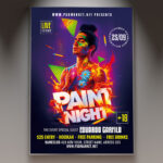 A Paint Night flyer template featuring a vibrant paint brush and a canvas with a wine glass, set against a classic studio background with subtle light effects, conveying a professional and artistic atmosphere.