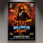 A Pirate Halloween Party flyer template featuring a skull and crossbones on a treasure map, set against a dark and foggy background with subtle eerie lighting, conveying a classic spooky pirate atmosphere.