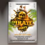A Pirate Party flyer template featuring a pirate ship sailing on a stormy sea, set against a dark, night sky background with subtle light effects, conveying a professional and adventurous atmosphere.