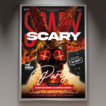 A Scary 2026 flyer template featuring a ghostly figure with a haunted house, set against a dark and foggy background with subtle eerie lighting, conveying a professional and spooky atmosphere.