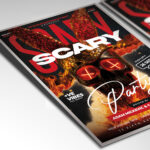 A customizable flyer template designed for scary events, showcasing bold, gothic typography and a chilling color palette of oranges and blacks that evokes a sense of fear and suspense.