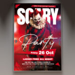 A Scary Party flyer template featuring a ghostly figure with a haunted house, set against a dark and foggy background with subtle eerie lighting, conveying a professional and spooky atmosphere.