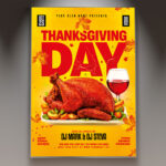 A Thanksgiving Day flyer template featuring a beautifully roasted turkey on a platter with autumn leaves, set against a rustic wooden background with warm lighting, conveying a professional and cozy atmosphere.