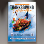 A Thanksgiving flyer template featuring a roasted turkey surrounded by fall leaves, set against a warm, rustic background with subtle cozy lighting, conveying a classic Thanksgiving atmosphere.