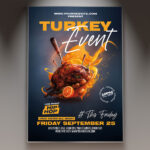 A Turkey Day flyer template featuring a roasted turkey surrounded by fall leaves, set against a warm, rustic background with subtle cozy lighting, conveying a classic Thanksgiving atmosphere.