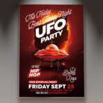 A UFO Party flyer template featuring a flying saucer with a glowing beam, set against a dark, starry sky with subtle cosmic effects, conveying a futuristic and mysterious sci-fi atmosphere.