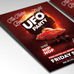 A customizable flyer template designed for cosmic-themed parties, showcasing otherworldly, futuristic typography and a glowing color palette of purples and greens that evokes a sense of alien wonder.