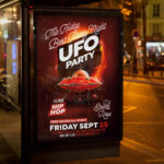An inviting and attention-grabbing invitation template, ready for personalization for a "UFO Party," promising an unforgettable night of music, costumes, and thrilling intergalactic fun.