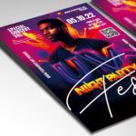 A customizable flyer template designed for nightlife events, showcasing bold, modern typography and a dynamic color palette of blues and magentas that evokes a sense of vibrant fun.
