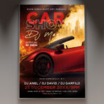 A Car Show Flyer Template featuring a gleaming classic muscle car under spotlights, set against a dark, smoky background with dynamic light trails, conveying a professional and high-octane automotive atmosphere.