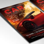 A customizable flyer template designed for auto events, showcasing bold, metallic typography and a sleek color palette of chrome, red, and black that evokes a sense of power and style.