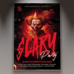 A Club Party Scary Flyer Template featuring a dark, shadowy figure in a frightening costume against a brightly lit, foggy dance floor, conveying a professional and high-energy horror atmosphere for a club event.