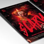 A customizable nightclub flyer designed for a horror-themed party, showcasing bold, distressed typography with dramatic light effects and a dark color palette of deep red, black, and white that evokes a sense of fear and intense music.