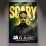A Club Scary Night Flyer Template featuring a sinister, dark figure standing on a smoke-filled dance floor illuminated by aggressive red and blue club lights, conveying a professional and high-energy horror atmosphere.