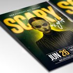 A customizable nightclub flyer designed for a horror-themed party, showcasing bold, distressed typography with dramatic light streaks and a dark color palette of deep red, black, and electric blue that evokes a sense of fear and intense music.