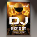 A DJ Event flyer template featuring a DJ's hands on a mixing deck with bright, geometric light effects and a dynamic background, conveying a professional and high-energy music atmosphere.