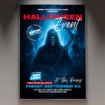 A Halloween Club Crazy Flyer Template featuring a blurred, distorted figure in an extreme costume dancing under frantic neon club lights against a smoky, dark background, conveying a high-energy and chaotic party atmosphere.