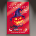 A Halloween Event flyer template featuring a ghostly figure with a haunted house, set against a dark and foggy background with subtle eerie lighting, conveying a professional and spooky atmosphere.