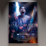 A Halloween Event Party flyer template featuring a silhouette of a person in a scary costume against a full moon, set in a misty graveyard with flying bats, conveying a professional and spooky atmosphere.