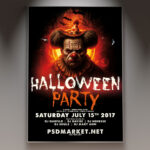 A Halloween Party Bar Flyer Template featuring a glowing, themed cocktail glass on a dark bar counter, with silhouetted party-goers and subtle gothic elements in the background, conveying a professional and sophisticated spooky atmosphere.