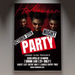 A Halloween Party Crazy Flyer Template featuring an exaggerated, maniacally grinning creature with vibrant neon colors against a dark, chaotic background with dynamic motion effects, conveying a wild and high-energy party atmosphere.