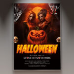 A Halloween Party flyer template featuring a silhouette of a person in a spooky costume dancing under dark, atmospheric lighting, with pumpkins and bats in the background, conveying a professional and high-energy party atmosphere.