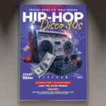 A Hip-Hop Flyer Template featuring a silhouetted rapper on stage under intense spotlights, set against a dark, urban background with energetic visual effects, conveying a professional and high-energy concert atmosphere.