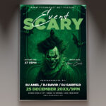 A Scary Event Party Flyer Template featuring a close-up of a menacing, masked figure in darkness with blood-red accents and intense lighting, conveying a professional and terrifying horror atmosphere.