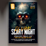 A Scary Night Flyer Template featuring a menacing, hooded figure emerging from fog under intense, dark lighting, conveying a professional and terrifying horror atmosphere.
