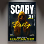 A Scary Party Best Flyer Template featuring a menacing, bloody figure with glowing eyes emerging from a dark, foggy background with intense red lighting, conveying a professional and ultimate horror atmosphere.