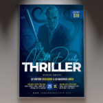 A Thriller Party Flyer Template featuring a dynamic silhouette of a figure in a sharp dance pose against a dramatic, foggy background with bright red and white light accents, conveying a professional and high-energy atmosphere.