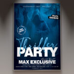 A Thriller Party Night Flyer Template featuring a dramatic, silhouetted figure in a dance pose against a foggy, dark background with neon red lighting, conveying a professional and high-energy atmosphere.