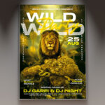 A Wild Party Flyer Template featuring a blurred crowd and intense, flashing neon lights in a club setting, conveying a professional and chaotic high-energy atmosphere.