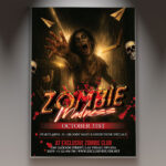 A Zombie Party Flyer Template featuring a menacing zombie figure covered in blood and grime, set against a dark, foggy, and apocalyptic street background, conveying a professional and terrifying horror atmosphere.