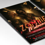 A customizable flyer template designed for horror and undead-themed events, showcasing distressed, grunge typography and a sickly color palette of greens, reds, and blacks that evokes a sense of decay and intense excitement.